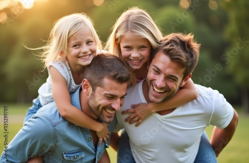 Golden Hour Family Fun: Two dads and their two daughters enjoy a playful piggyback ride in a sun-drenched park, radiating joy and warmth.  