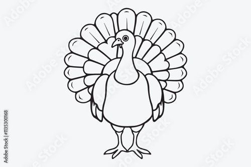 A black and white line art illustration of a turkey standing upright.