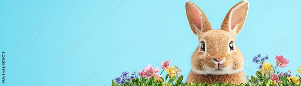 Obraz premium Cute rabbit peeking over colorful flowers against blue background