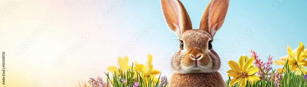 Obraz premium cute rabbit surrounded by colorful flowers in sunny field