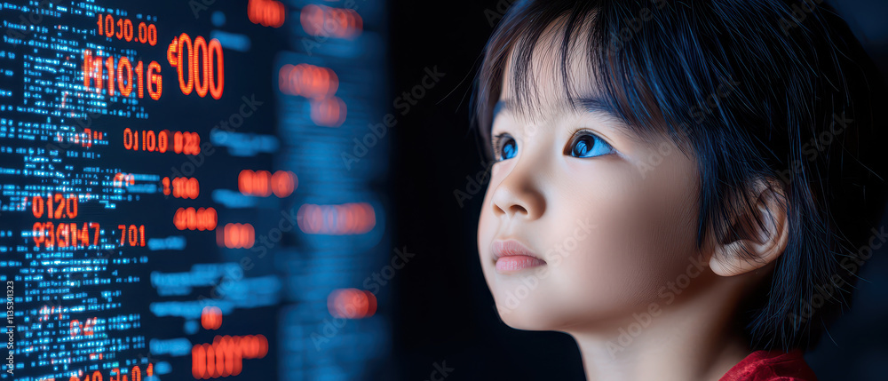 focused child learning coding with digital data on screen, showcasing curiosity and engagement in technology focused child learning coding with digital data on screen, showcasing curiosity and engagement in technology