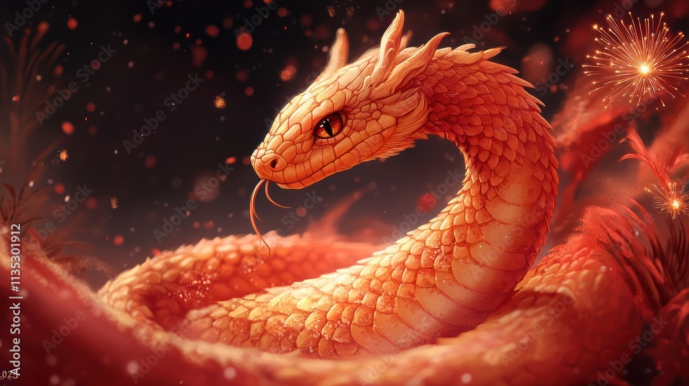 Fototapeta premium Fiery orange mythical snake coiled amidst red floral sparks, digital art.