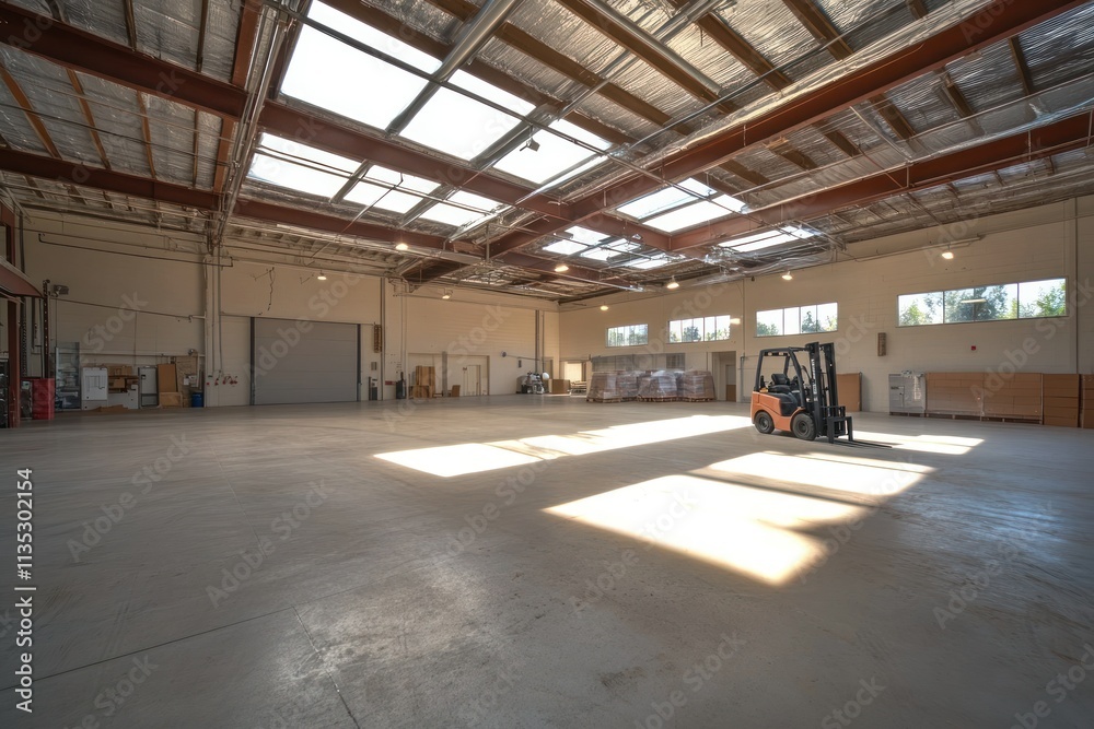 Spacious and Bright Warehouse Interior with Industrial Design, Forklift, Open Space, and Natural Light, Ideal for Logistics and Manufacturing Needs Spacious and Bright Warehouse Interior with Industrial Design, Forklift, Open Space, and Natural Light, Ideal for Logistics and Manufacturing Needs