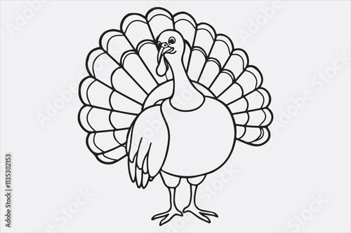 A black and white line art illustration of a turkey standing upright.