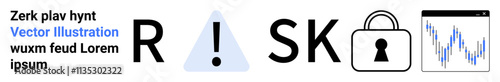 RISK spelled using caution symbol, padlock, and stock market graph. Ideal for finance, business strategy, security, caution, analysis investment risks presentations. Landing page