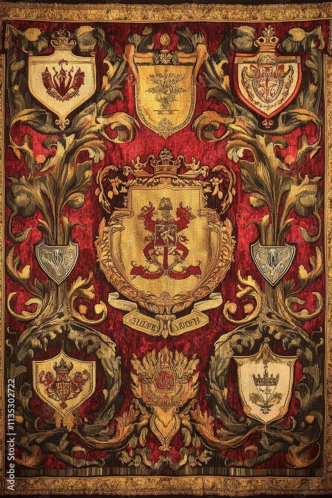 Ornate tapestry; gold coats of arms, red background. Ornate tapestry; gold coats of arms, red background.