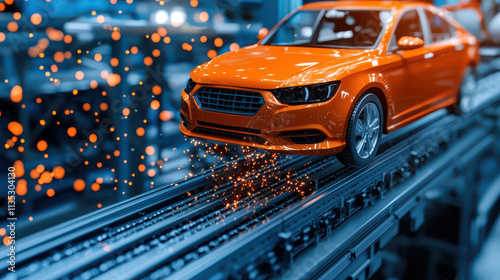 orange automobile model on production line with sparks flying