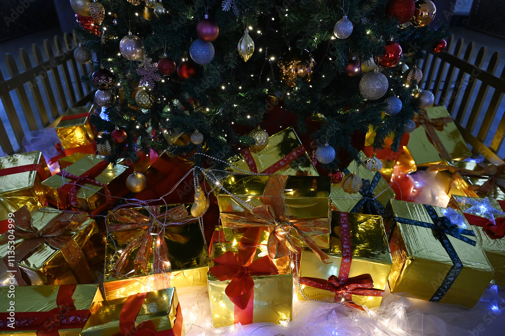 Naklejka premium christmas gifts, ribbon, light chain, package,