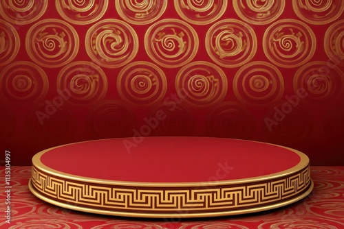 Elegant Red Stage with Decorative Golden Swirls and Patterns, Perfect for Presentations, Performances, or Showcase Events in a Luxurious Setting