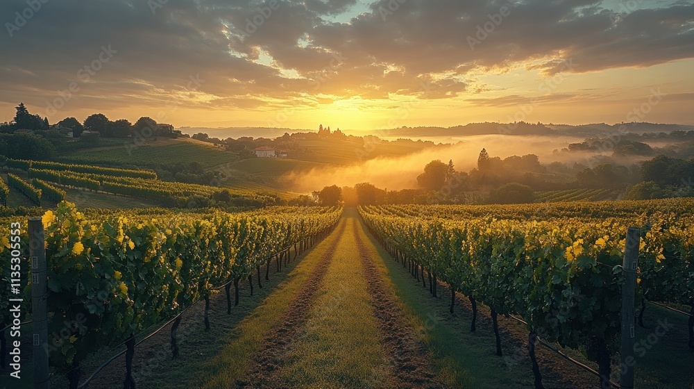 Fototapeta premium A serene vineyard landscape at sunset, showcasing rows of grapevines and rolling hills.