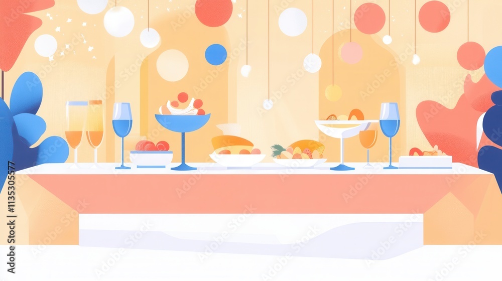 Obraz premium Elegant Flat Style Illustrations of Grand Banquet Tables with Decorative Foods and Drinks