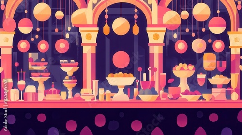 Elegant Flat Style Illustrations of Grand Banquet Tables with Decorative Foods and Drinks