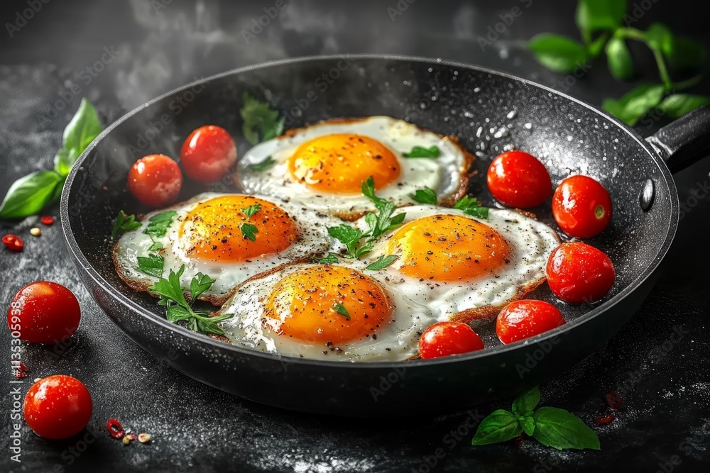 Four fried eggs are cooking in a frying pan with cherry tomatoes, basil, and spices Four fried eggs are cooking in a frying pan with cherry tomatoes, basil, and spices