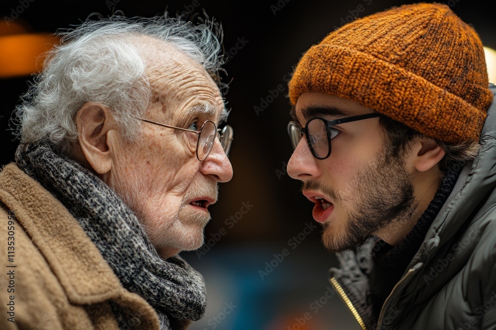 Elderly man and young man wearing glasses are standing face to face having a conversation Elderly man and young man wearing glasses are standing face to face having a conversation