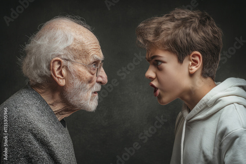 Elderly man and boy arguing and screaming with anger, depicting generation gap and conflict