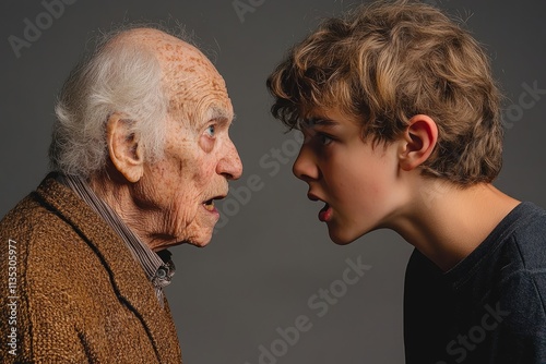 Senior man and teenager arguing face to face on a gray background, representing generation gap and communication issues