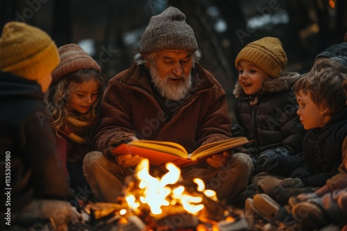 Senior man reading a book to his grandchildren sitting around a campfire in the forest at night