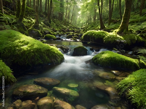 Serene Mossy Forest Stream  Lush Green Nature
