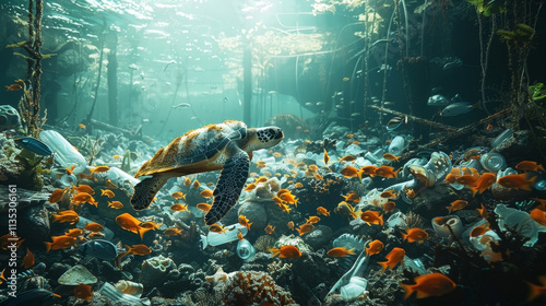 Generative AI. Polluted ocean with plastic waste a photorealistic