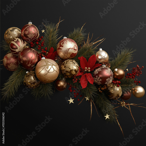 Christmas decoration with Christmas Balls, Tree, leaf, stars, ribbons photo