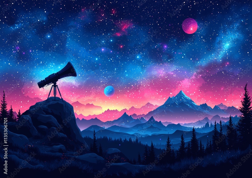 Fototapeta premium A telescope designed for space exploration, science discovery, and astronomy studies, positioned under a dark, starry sky with visible planets. The night landscape features a telescope mounted on a
