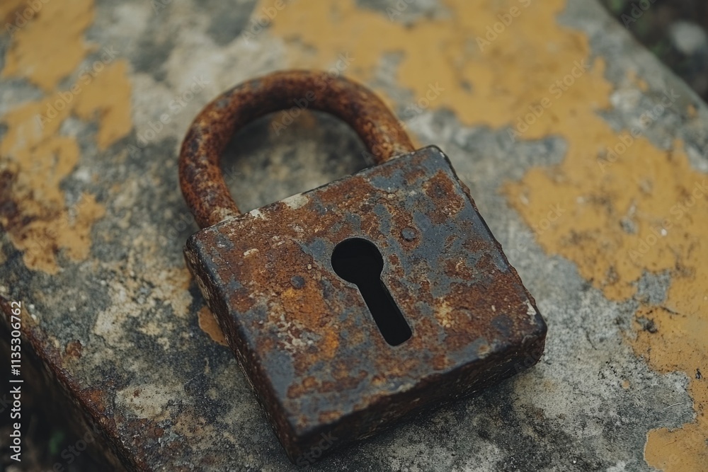 Old rusty padlock lying on a weathered surface, representing concepts of security, protection, and the passage of time Old rusty padlock lying on a weathered surface, representing concepts of security, protection, and the passage of time