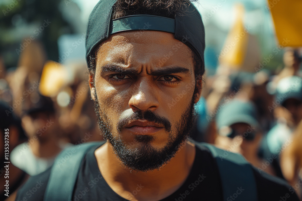 Portrait of a serious bearded man leading a group of protestors during a demonstration