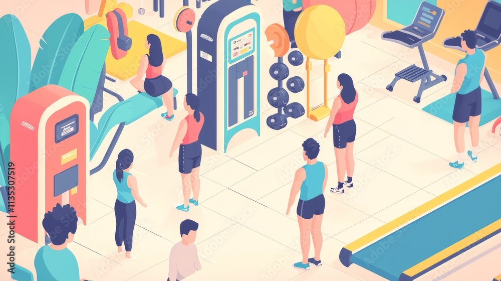 A vibrant gym scene with people engaging in various fitness activities. A vibrant gym scene with people engaging in various fitness activities.