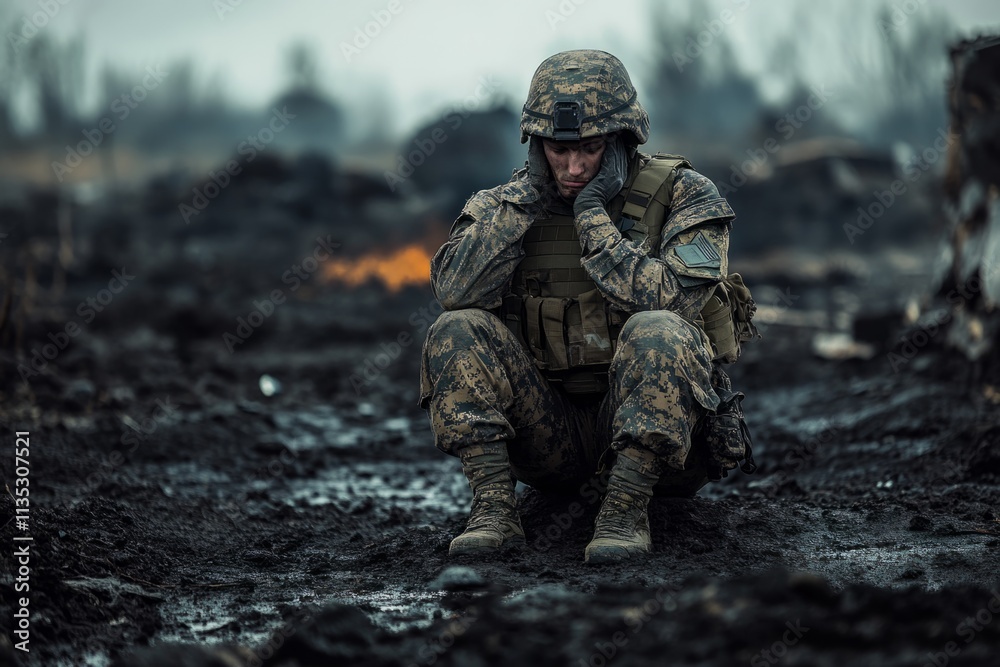 Fototapeta premium American soldier sitting on the ground in a destroyed battlefield, suffering from post-traumatic stress disorder after a bloody battle