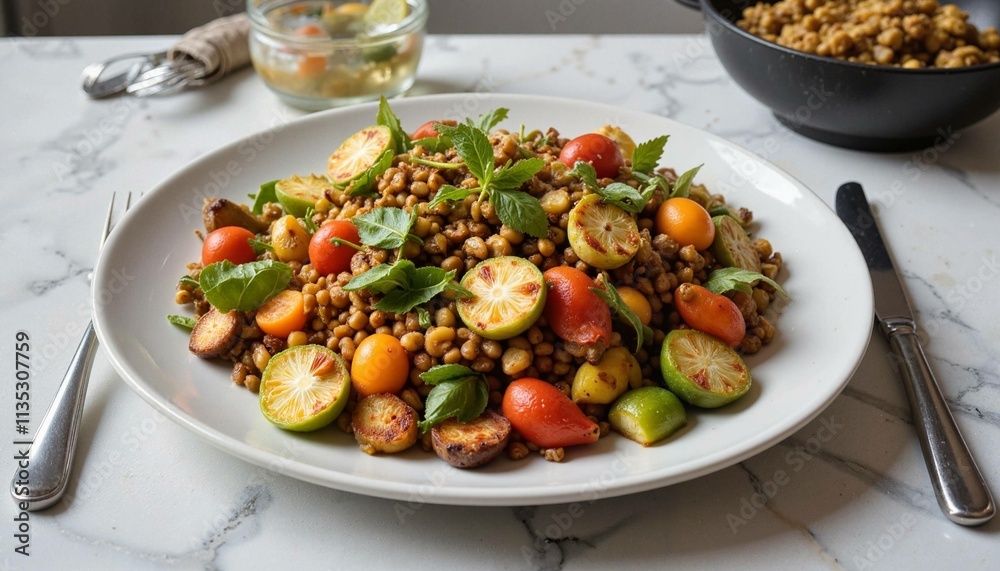 Lentil salad with roasted vegetables and fresh basil, colorful and nutritious, on a white plateм Lentil salad with roasted vegetables and fresh basil, colorful and nutritious, on a white plateм