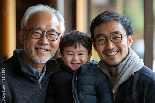 Three generations of an asian family are posing together and smiling