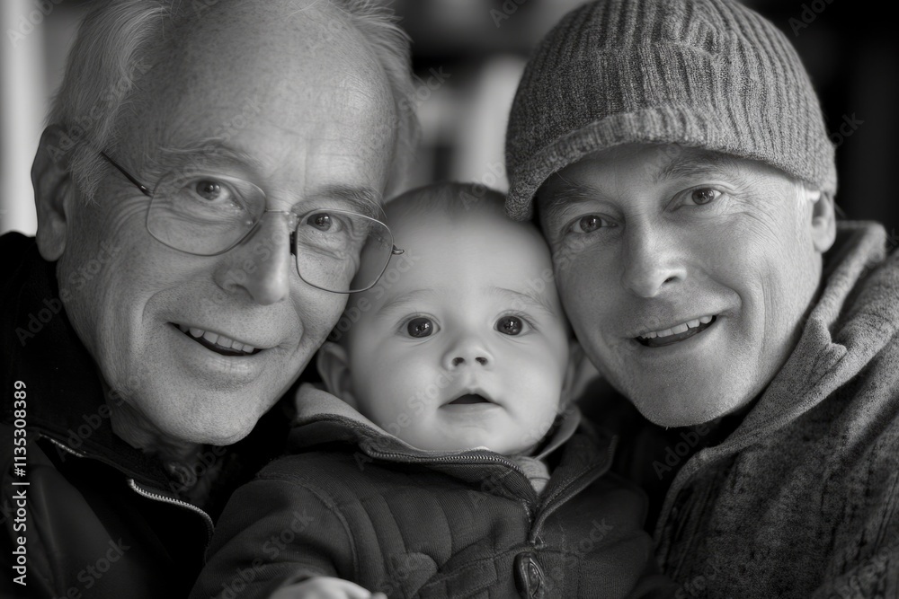 Grandfather, father and grandson smiling together: three generations sharing a special moment of family bonding Grandfather, father and grandson smiling together: three generations sharing a special moment of family bonding