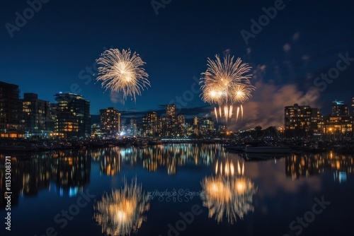 Stunning Nighttime Fireworks Display Over City Skyline Reflected in Calm Water, Capturing the Magic of Celebrations and Urban Life in a Vibrant Atmosphere