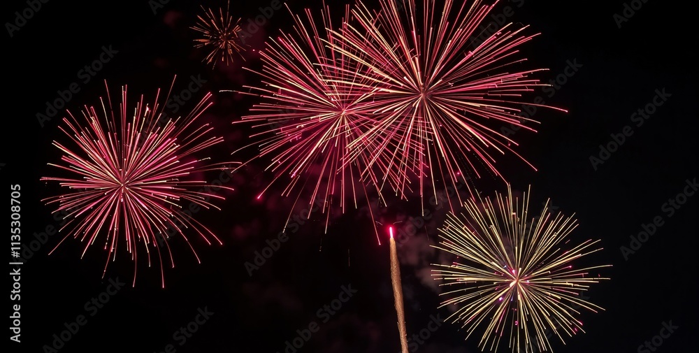 Obraz premium Golden Fireworks - Countdown To Midnight - Abstract Defocused Background. 2025 New Year’s Eve Countdown Fireworks