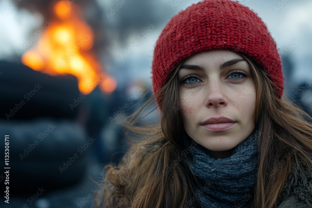 Protestor standing in front of burning barricade during political demonstration Protestor standing in front of burning barricade during political demonstration