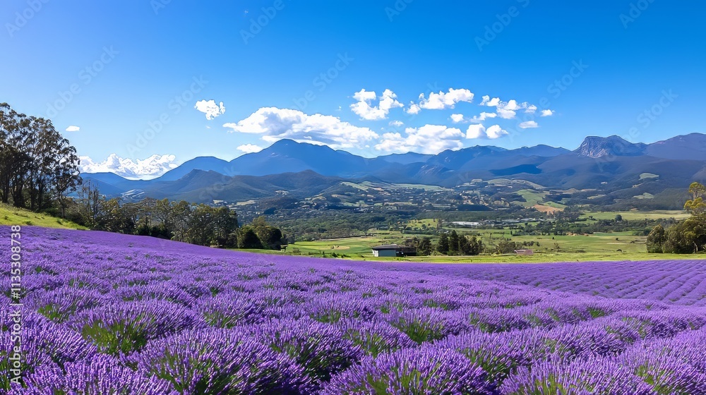 A vibrant lavender field with mountains and a blue sky in the background. A vibrant lavender field with mountains and a blue sky in the background.