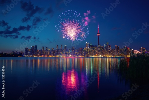 Spectacular Fireworks Over Toronto Skyline Reflecting on Calm Waters During Summer Evening, Vibrant Colors Illuminate Urban Landscape at Night