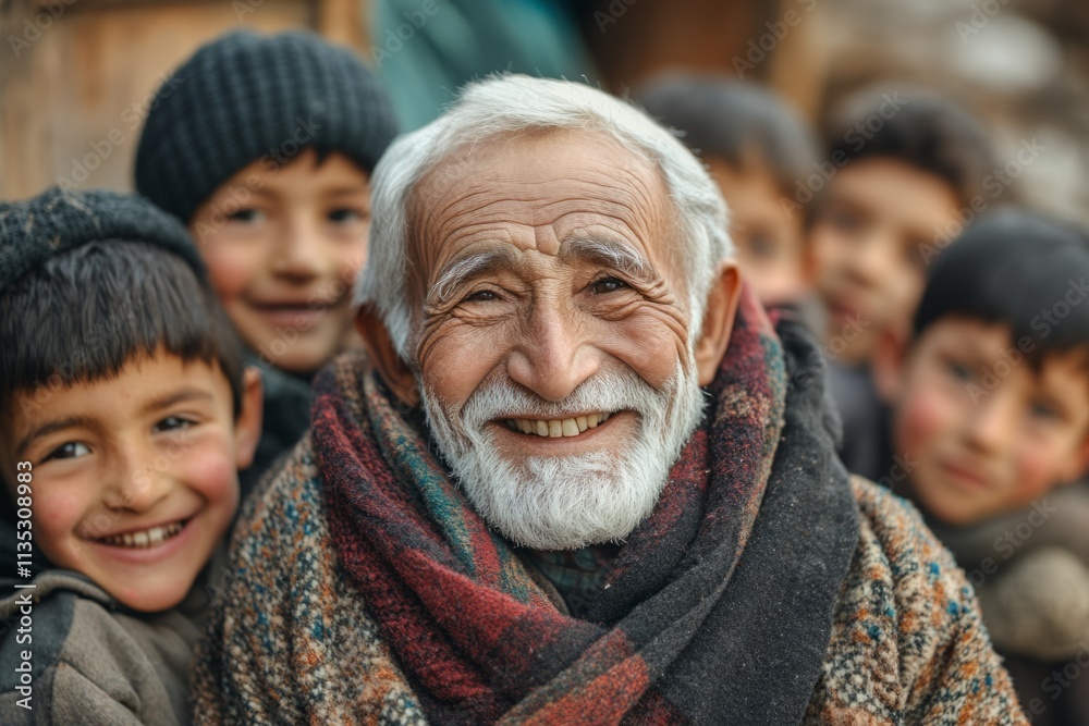 Happy grandfather posing with his nephews and grandchildren, wearing traditional clothes Happy grandfather posing with his nephews and grandchildren, wearing traditional clothes