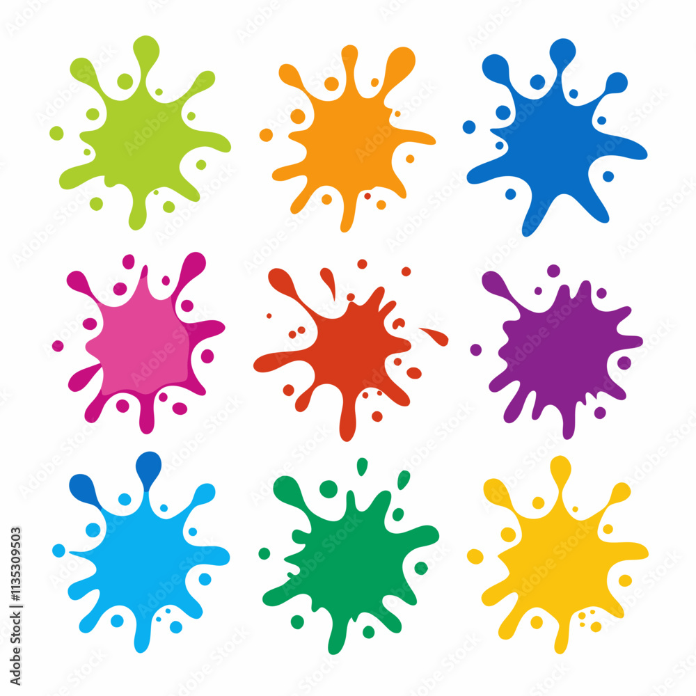 Set of 9 Unique Colorful Paint Splashes on White Background Set of 9 Unique Colorful Paint Splashes on White Background