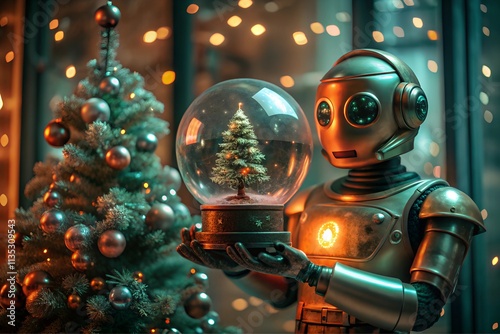 Robot holding glass snow globe with Christmas tree inside