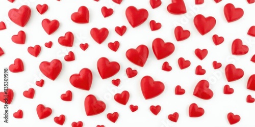 Clean white background, red hearts scattered around, pure, blank, symbol