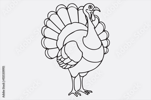 A black and white line art illustration of a turkey standing upright.