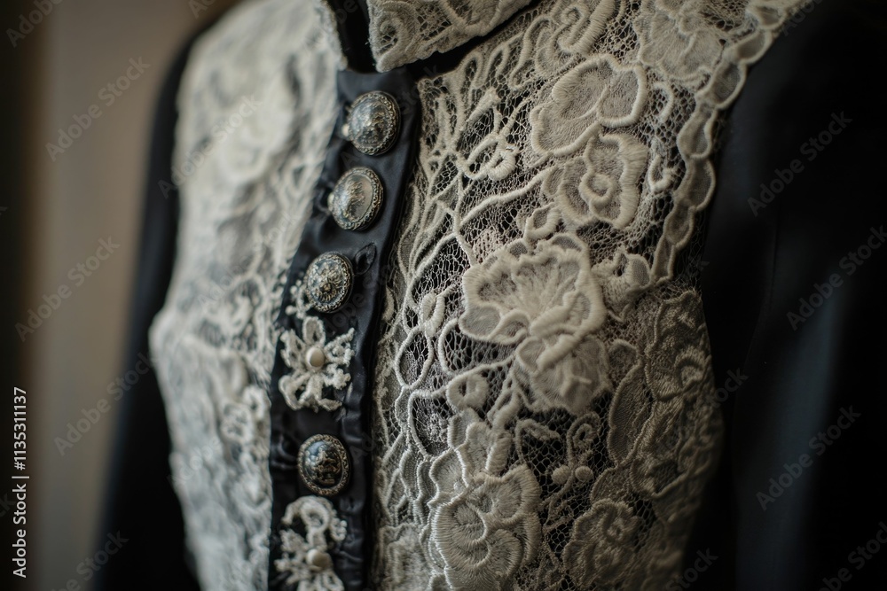 Obraz premium Ornate lace, dark fabric, decorative buttons.