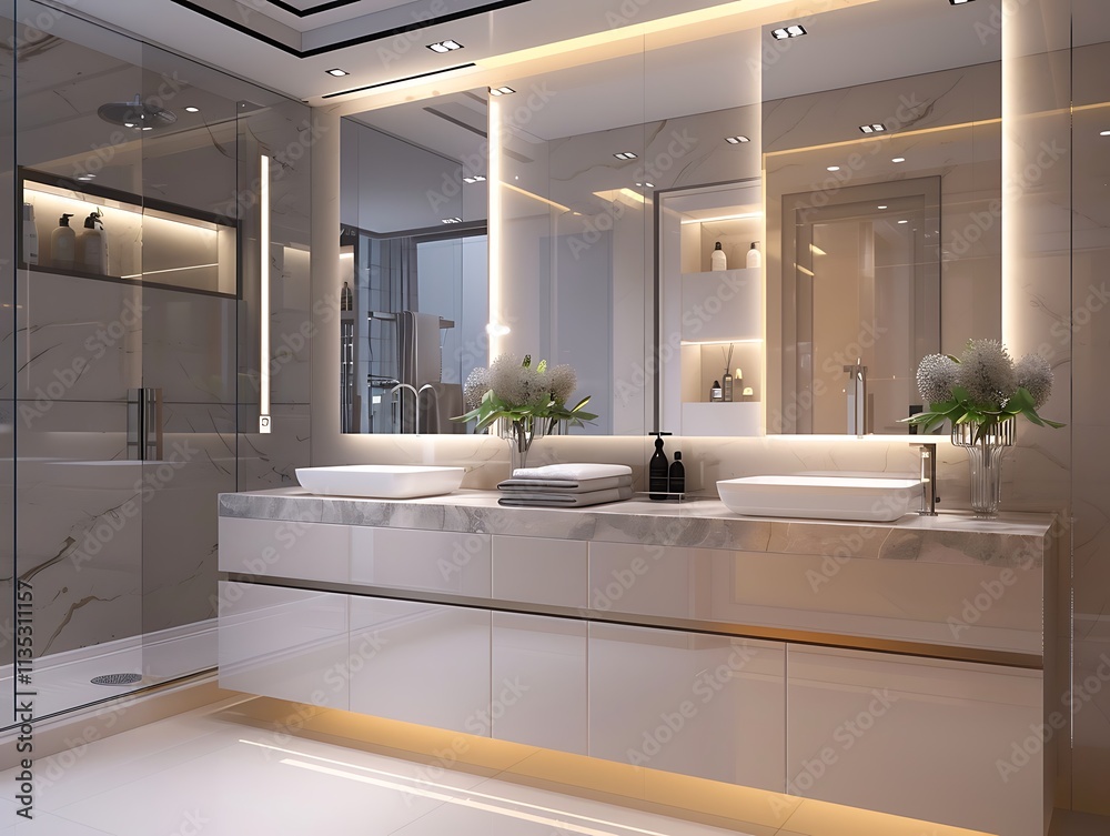 Bathroom vanity with modern sinks, large mirrors, and elegant fixtures. Bathroom vanity with modern sinks, large mirrors, and elegant fixtures.
