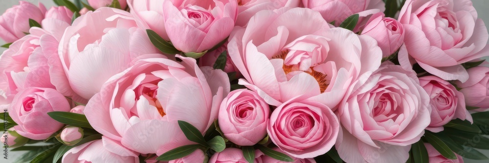 Fototapeta premium A vibrant bouquet of pink peonies and roses, ample copy space, garden, romance
