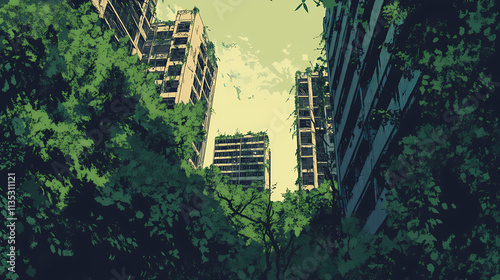 Wallpaper Mural Overgrown vegetation covers crumbling skyscrapers in a once bustling metropolis, neglect, jungle. Overgrowth. Illustration Torontodigital.ca