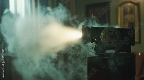 An old film projector emits a beam of light through swirling smoke in a dimly lit room, evoking a vintage cinematic atmosphere. photo