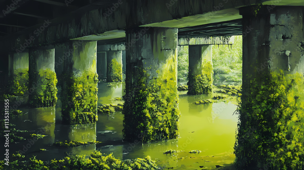 Post apocalypse urban landscape: moss-covered columns under a flyover, bones and green vegetation. observer's point of view. digital painting style. Overgrowth. Illustration Post apocalypse urban landscape: moss-covered columns under a flyover, bones and green vegetation. observer's point of view. digital painting style. Overgrowth. Illustration