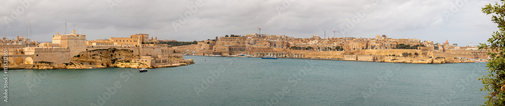 Valletta (il-Belt Valletta) massive fortification city wall and Fort St. Angelo from harbour Xlokk South Eastern Region of Malta