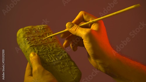 hands holding an Egyptian antiquity cuneiform clay tablet and writing ancient writings